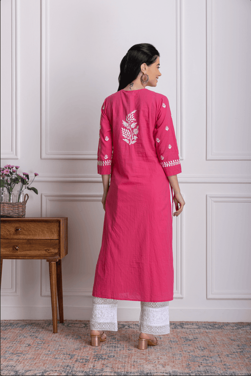 Fizaa Chikankari Kurti for Women With Pocket - Pink